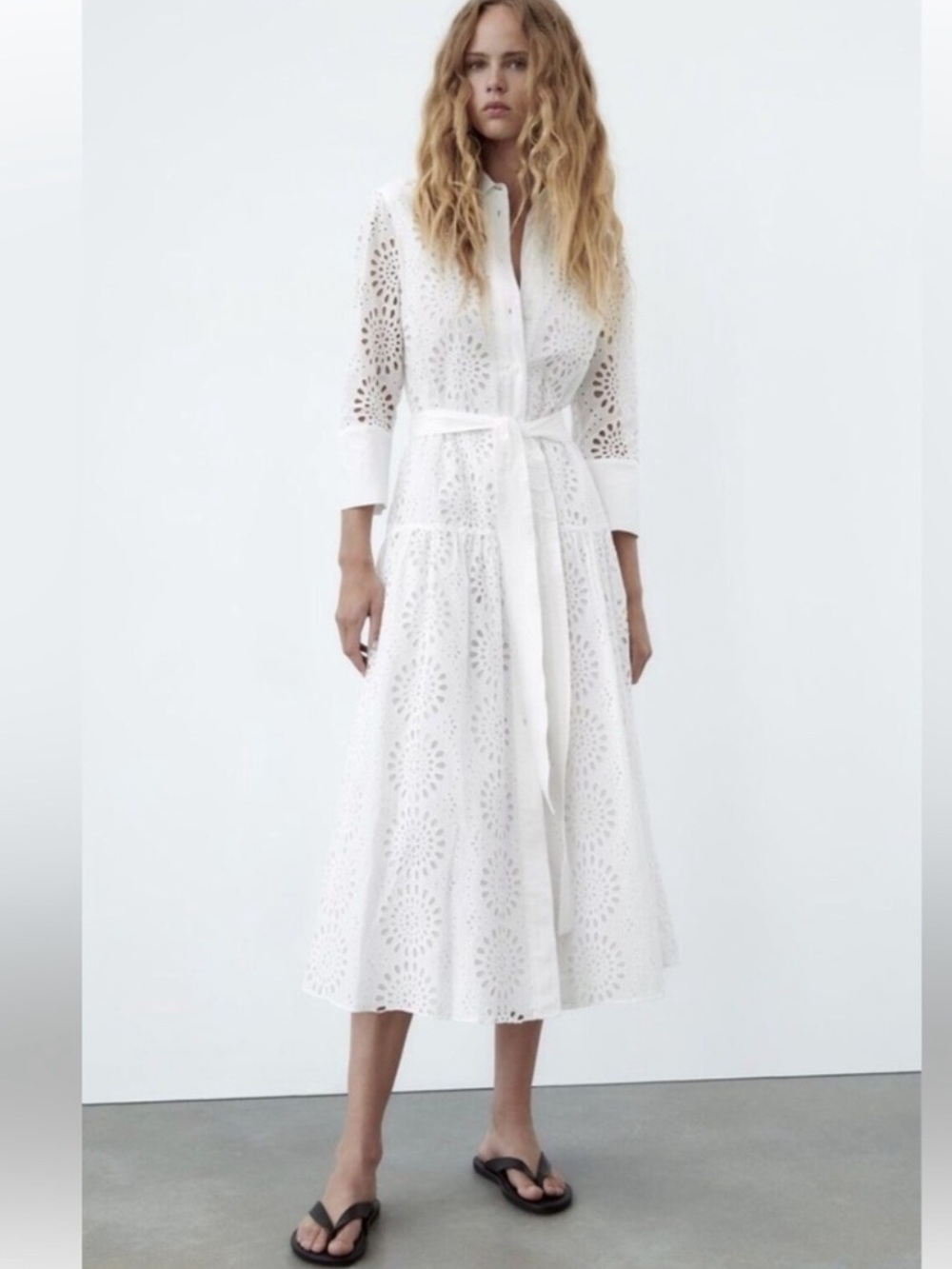 Zara Eyelit embroidered button front collared shirt midi dress white XS
